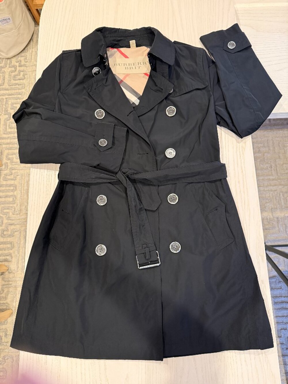 Burberry Brit Buckingham Packable Black Trench Coat Raincoat Size 8